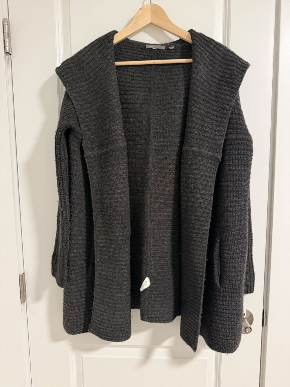 Vince Chunky Rib Knit Hooded Open Front Cardigan in Charcoal Size M